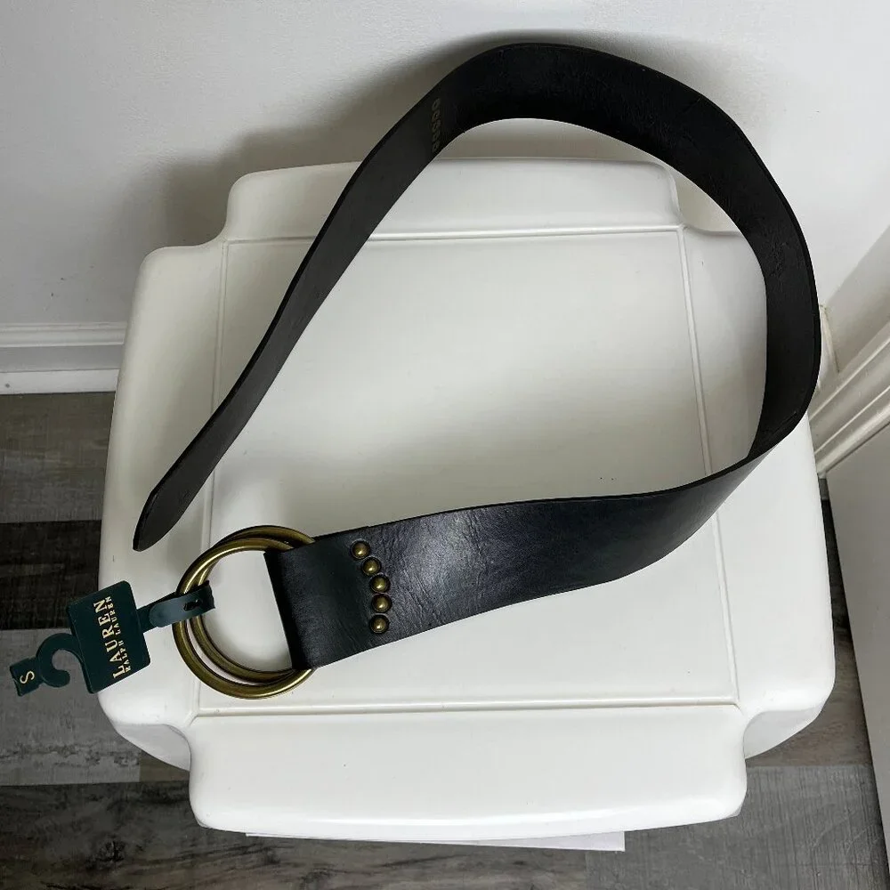 Lauren Ralph Lauren Womens Genuine Leather Black Double O Ring Belt S